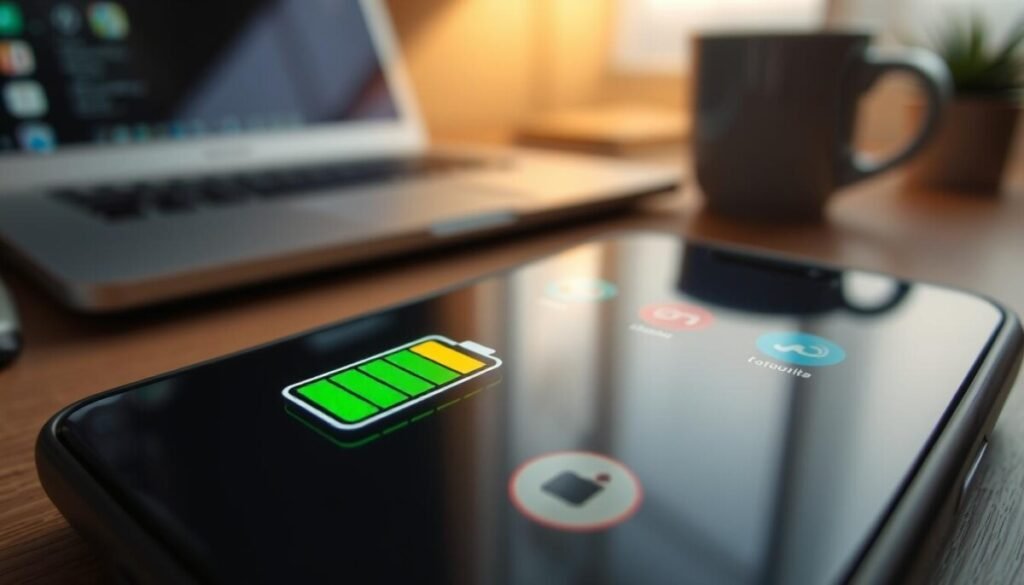 A close-up view of a smartphone's battery icon displayed prominently on the screen, with a small percentage indicator showing a dwindling battery life. In the foreground, focus on the glowing icon, emphasizing its vibrant colors of green transitioning to yellow and red to signify low battery. The middle ground features a blurred image of multiple open app icons, slightly fading into the background to represent the apps consuming power. The background showcases a softly lit workspace, with a laptop and a coffee cup, conveying a busy, tech-savvy environment. Use warm, ambient lighting to create a slightly urgent yet calm atmosphere, captured from a slightly elevated angle to enhance the smartphone’s screen visibility, illustrating the concept of battery management.