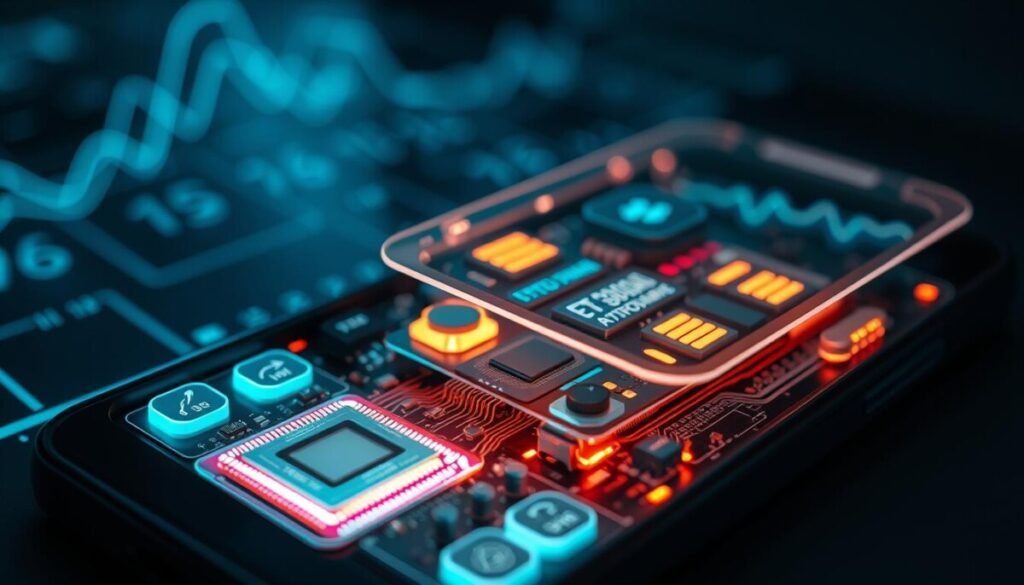 A close-up view of a smartphone's internal components, showcasing a detailed schematic of a thermal management system. In the foreground, a glowing CPU with visible heat dissipation elements is surrounded by digital icons representing performance metrics like temperature and usage charts. The middle layer features a transparent shell displaying various mobile hardware components, such as batteries and processors, all with softly glowing indicators. In the background, an abstract representation of fluctuating performance graphs gently fades into a futuristic tech landscape with soft blue and green light hues, evoking a sense of innovation and vigilance. The overall atmosphere is both technical and serene, emphasizing the importance of maintaining hardware health in a digital age.