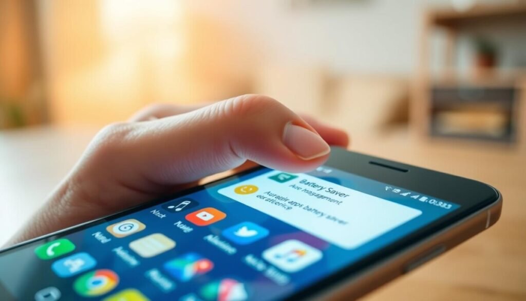 A close-up view of an Android smartphone screen displaying various app icons running in the background, illustrating battery management features. In the foreground, the screen is illuminated, revealing colorful icons such as social media, messaging, and music apps, with a clear focus on a battery saver interface. In the middle ground, a hand gently swipes across the screen, with a soft finger gesture indicating the management of background processes. The background features a softly blurred home setting, with warm ambient light creating a cozy atmosphere. The image captures a sense of control and efficiency, showcasing the modern technology available for managing background apps on a smartphone. The lighting is bright but soft, emphasizing the phone screen while maintaining a professional, clean aesthetic.