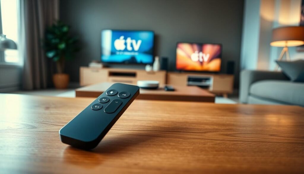 A close-up view of an Apple TV remote, prominently displayed in the foreground, resting on a wooden coffee table with a soft-focus effect. The remote's sleek design is highlighted, showcasing its buttons and touchpad. In the middle ground, a pair of hands gently grasp the remote, illustrating an attempt to pair it with an Apple TV. In the background, a modern living room setting is visible, with a cozy sofa and an Apple TV screen softly glowing, hinting at a successful connection process. The room is lit warmly, creating an inviting atmosphere. The angle is slightly above the remote, giving a clear perspective of the pairing action, with natural light filtering through a nearby window to enhance the scene's warmth and comfort. A close-up view of an Apple TV remote, prominently displayed in the foreground, resting on a wooden coffee table with a soft-focus effect. The remote's sleek design is highlighted, showcasing its buttons and touchpad. In the middle ground, a pair of hands gently grasp the remote, illustrating an attempt to pair it with an Apple TV. In the background, a modern living room setting is visible, with a cozy sofa and an Apple TV screen softly glowing, hinting at a successful connection process. The room is lit warmly, creating an inviting atmosphere. The angle is slightly above the remote, giving a clear perspective of the pairing action, with natural light filtering through a nearby window to enhance the scene's warmth and comfort.