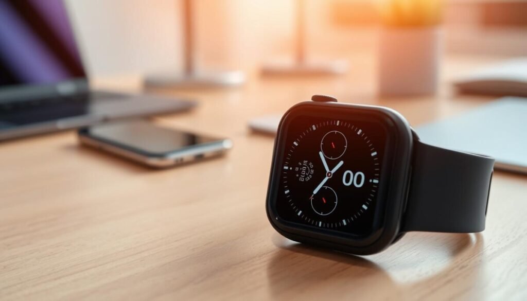 A close-up view of an Apple Watch displaying the low power mode interface. The watch face shows a sleek digital layout with a dimmed screen, highlighting essential features like battery percentage and time in a minimalist style. In the foreground, the watch is placed on a light wooden surface, reflecting a subtle hint of elegance. The background features a softly blurred workspace, with hints of modern tech gadgets such as an iPhone and a laptop, all under warm, natural lighting that gives a calm and focused atmosphere. The composition should evoke a sense of productivity and innovation, capturing the essence of low power mode functionality in a professional setting. The angle should be slightly from above, enhancing the visual details of the watch screen. A close-up view of an Apple Watch displaying the low power mode interface. The watch face shows a sleek digital layout with a dimmed screen, highlighting essential features like battery percentage and time in a minimalist style. In the foreground, the watch is placed on a light wooden surface, reflecting a subtle hint of elegance. The background features a softly blurred workspace, with hints of modern tech gadgets such as an iPhone and a laptop, all under warm, natural lighting that gives a calm and focused atmosphere. The composition should evoke a sense of productivity and innovation, capturing the essence of low power mode functionality in a professional setting. The angle should be slightly from above, enhancing the visual details of the watch screen.