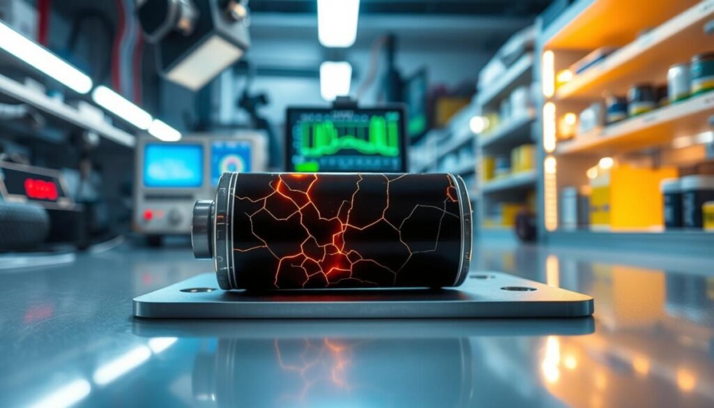 A close-up view of an electronic battery being tested in a high-tech laboratory, showcasing visible stress indicators like cracks and heat waves emanating from its surface. In the foreground, the battery is positioned on a sleek, reflective surface, illuminated by focused white LED lights that create a clinical atmosphere. The middle ground features intricate testing equipment such as oscilloscopes and thermal cameras, emphasizing the scientific environment. In the background, blurred shelves filled with various batteries and research materials enhance the context. The overall mood conveys a sense of urgency and technological advancement, illustrating the concept of battery degradation and stress in a visually engaging manner.