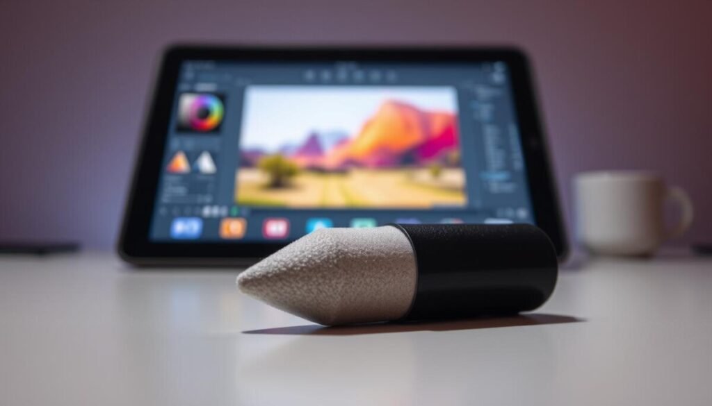 A close-up view of an eraser tool positioned prominently in the foreground, with detailed textures showcasing its rubber surface and flat edges reflecting ambient light. The tool should be partially used, demonstrating a clean cutout section of an image to illustrate its function effectively. In the middle ground, a digital tablet screen displays a blurred background of an editing interface, with vibrant colors hinting at a colorful image being edited. The background remains softly focused, emphasizing the eraser tool as the central subject. The lighting is soft and diffused, creating a professional and inviting atmosphere, while shadows subtly enhance the three-dimensional feel of the eraser tool. The overall mood is focused and creative, capturing the essence of digital editing. A close-up view of an eraser tool positioned prominently in the foreground, with detailed textures showcasing its rubber surface and flat edges reflecting ambient light. The tool should be partially used, demonstrating a clean cutout section of an image to illustrate its function effectively. In the middle ground, a digital tablet screen displays a blurred background of an editing interface, with vibrant colors hinting at a colorful image being edited. The background remains softly focused, emphasizing the eraser tool as the central subject. The lighting is soft and diffused, creating a professional and inviting atmosphere, while shadows subtly enhance the three-dimensional feel of the eraser tool. The overall mood is focused and creative, capturing the essence of digital editing.