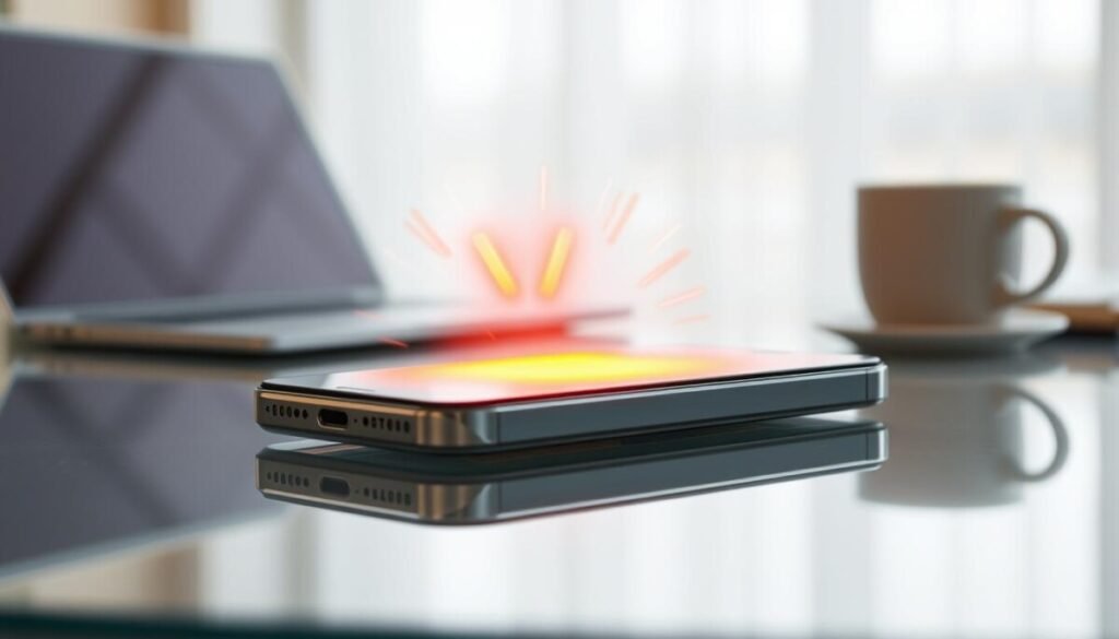 A close-up view of an iPhone 16 displaying a bright amber glow emanating from its screen, signifying overheating. The foreground features the phone resting on a sleek glass surface, with subtle reflections highlighting its metallic edges. In the middle ground, small wisps of heat radiate around the device, visualized as shimmering lines and light distortion effects. The background is softly blurred, resembling a modern, minimalistic work desk with a laptop and a coffee mug, creating a professional atmosphere. The lighting is warm and soft, with a slight focus on the phone, emphasizing its heat. Capture a sense of urgency and concern, showcasing the immediate need to cool the device down. The image should be clear, detailed, and engaging without any text or distractions. A close-up view of an iPhone 16 displaying a bright amber glow emanating from its screen, signifying overheating. The foreground features the phone resting on a sleek glass surface, with subtle reflections highlighting its metallic edges. In the middle ground, small wisps of heat radiate around the device, visualized as shimmering lines and light distortion effects. The background is softly blurred, resembling a modern, minimalistic work desk with a laptop and a coffee mug, creating a professional atmosphere. The lighting is warm and soft, with a slight focus on the phone, emphasizing its heat. Capture a sense of urgency and concern, showcasing the immediate need to cool the device down. The image should be clear, detailed, and engaging without any text or distractions.