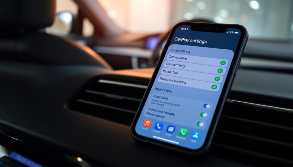 A close-up view of an iPhone displaying the CarPlay settings interface, showcasing a sleek and user-friendly layout. The iPhone is positioned on a modern car's dashboard, with subtle reflections on the glass surface. The phone screen features vibrant icons representing various settings related to CarPlay, including connectivity options and app configurations. The interior of the car should be well-lit, with soft ambient lighting reflecting a high-tech and sophisticated atmosphere. In the background, hints of the car’s interior design, such as leather seats and a steering wheel, can be seen, but the focus remains on the iPhone. The image should evoke a sense of modernity and clarity, emphasizing functionality and seamless integration of technology in driving. A close-up view of an iPhone displaying the CarPlay settings interface, showcasing a sleek and user-friendly layout. The iPhone is positioned on a modern car's dashboard, with subtle reflections on the glass surface. The phone screen features vibrant icons representing various settings related to CarPlay, including connectivity options and app configurations. The interior of the car should be well-lit, with soft ambient lighting reflecting a high-tech and sophisticated atmosphere. In the background, hints of the car’s interior design, such as leather seats and a steering wheel, can be seen, but the focus remains on the iPhone. The image should evoke a sense of modernity and clarity, emphasizing functionality and seamless integration of technology in driving.