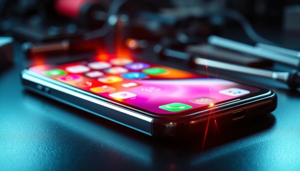 A close-up view of an iPhone with visible heat distortion radiating from the device, set on a dark, reflective surface. In the foreground, the iPhone's screen displays a colorful, distorted app interface indicating heavy usage, with small bursts of light emanating from the corners to suggest overheating. The middle ground features an ambient glow illuminating the device, enhancing the feeling of heat. In the background, subtle hints of electronic components and tools such as screwdrivers and cables, blurred to direct focus on the iPhone, create a technical atmosphere. The overall mood is urgent and slightly chaotic, suggesting a need for immediate attention and repair, with a cool color palette contrasting against the heat effects to emphasize the overheating issue. Soft lighting and a shallow depth of field enhance the focus on the iPhone. A close-up view of an iPhone with visible heat distortion radiating from the device, set on a dark, reflective surface. In the foreground, the iPhone's screen displays a colorful, distorted app interface indicating heavy usage, with small bursts of light emanating from the corners to suggest overheating. The middle ground features an ambient glow illuminating the device, enhancing the feeling of heat. In the background, subtle hints of electronic components and tools such as screwdrivers and cables, blurred to direct focus on the iPhone, create a technical atmosphere. The overall mood is urgent and slightly chaotic, suggesting a need for immediate attention and repair, with a cool color palette contrasting against the heat effects to emphasize the overheating issue. Soft lighting and a shallow depth of field enhance the focus on the iPhone.