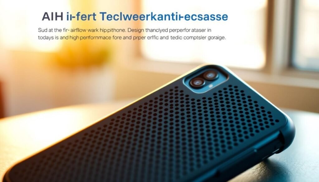 A close-up view of an innovative airflow mesh back phone case designed for optimal heat dissipation. The case features a unique perforated pattern with a lightweight, durable material that showcases a sleek, modern aesthetic. The foreground displays the phone case in vivid detail, highlighting the mesh texture and airflow channels. In the middle, a smartphone is partially inserted into the case, emphasizing its compatibility and stylish fit. The background is softly blurred to draw focus to the case, with subtle lighting that suggests a warm, tech-savvy environment. The atmosphere conveys a sense of modernity and efficiency, ideal for today's high-performance devices. The image is captured at an angle that showcases both the design and functionality, with natural light casting gentle shadows. A close-up view of an innovative airflow mesh back phone case designed for optimal heat dissipation. The case features a unique perforated pattern with a lightweight, durable material that showcases a sleek, modern aesthetic. The foreground displays the phone case in vivid detail, highlighting the mesh texture and airflow channels. In the middle, a smartphone is partially inserted into the case, emphasizing its compatibility and stylish fit. The background is softly blurred to draw focus to the case, with subtle lighting that suggests a warm, tech-savvy environment. The atmosphere conveys a sense of modernity and efficiency, ideal for today's high-performance devices. The image is captured at an angle that showcases both the design and functionality, with natural light casting gentle shadows.