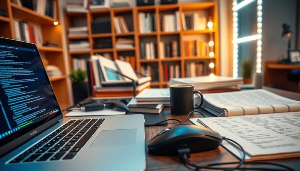 A close-up view of an organized workspace featuring essential coding tools and technologies. In the foreground, a modern laptop displays code on the screen, glowing with soft blue and green light. Beside it, a pair of sleek mechanical keyboards, a high-tech mouse, and a notepad filled with complex algorithms. In the middle, various programming books, reference guides, and a coffee mug add to the ambiance. The background features a blurred bookshelf filled with tech literature and LED lights softly illuminating the area, creating a focus on the coding tools. The overall atmosphere is inspiring and dynamic, suggesting innovation and productivity in a professional environment. The lighting is warm and inviting, emphasizing clarity and functionality. A close-up view of an organized workspace featuring essential coding tools and technologies. In the foreground, a modern laptop displays code on the screen, glowing with soft blue and green light. Beside it, a pair of sleek mechanical keyboards, a high-tech mouse, and a notepad filled with complex algorithms. In the middle, various programming books, reference guides, and a coffee mug add to the ambiance. The background features a blurred bookshelf filled with tech literature and LED lights softly illuminating the area, creating a focus on the coding tools. The overall atmosphere is inspiring and dynamic, suggesting innovation and productivity in a professional environment. The lighting is warm and inviting, emphasizing clarity and functionality.
