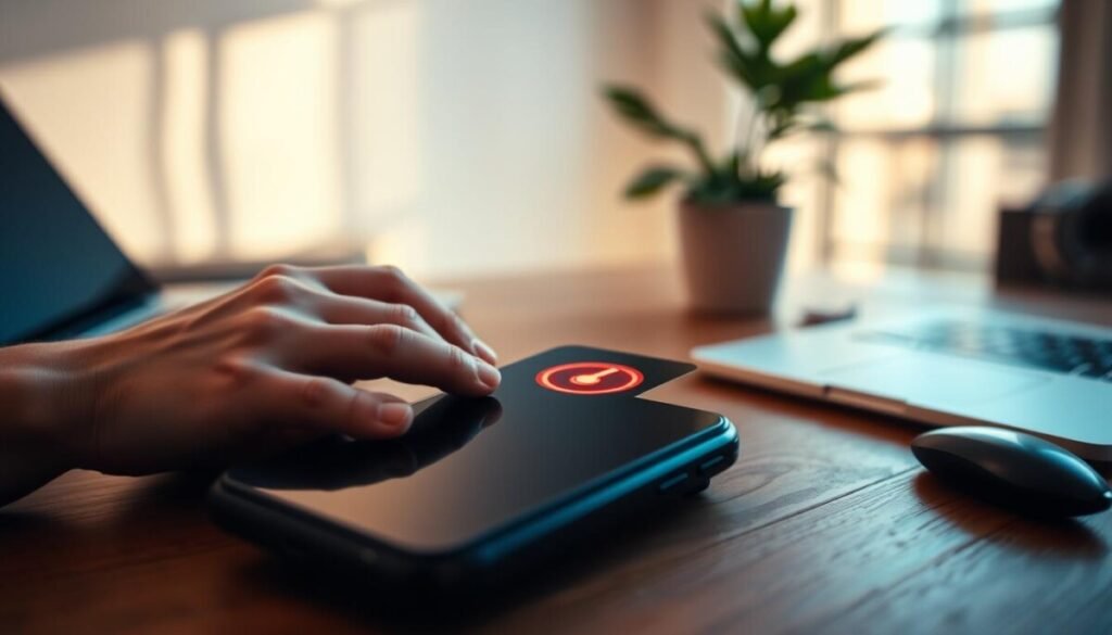 A close-up view of an overheating smartphone, positioned prominently in the foreground atop a wooden desk. The phone is displaying a bright red warning symbol, indicating high temperature, with a slight distortion in the screen caused by heat waves. In the middle ground, a faintly visible hand reaches toward the phone, emphasizing concern. The background features a blurred, modern workspace with a laptop and a potted plant to create a tech-savvy atmosphere. Soft, natural lighting illuminates the scene, with warm hues suggesting discomfort, while a slight focus blur on the background enhances the urgency of the device's alarming condition. The overall mood conveys tension, highlighting the hidden dangers of thermal stress on electronics.