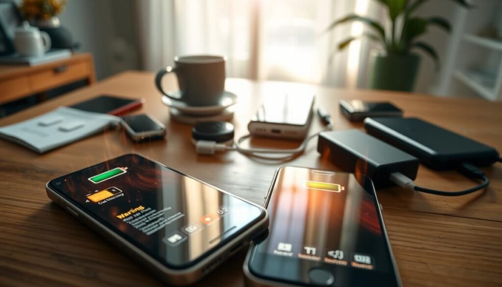 A close-up view of multiple smartphones overheating, placed together on a wooden surface. The foreground features two smartphones with visible heat waves shimmering above them, showcasing glowing battery icons and warning symbols. In the middle layer, an overhead view reveals a sunlight streaming through a window, casting warm light and highlighting slight distortions in the air due to heat. Scattered around the phones are everyday items like a cup of coffee and a power bank, suggesting a common work environment. The background consists of a soft blurring of room decor, with a hint of greenery from a potted plant, creating a serene yet cautionary atmosphere. The mood conveys urgency and awareness, emphasizing the impact of external factors on device overheating. A close-up view of multiple smartphones overheating, placed together on a wooden surface. The foreground features two smartphones with visible heat waves shimmering above them, showcasing glowing battery icons and warning symbols. In the middle layer, an overhead view reveals a sunlight streaming through a window, casting warm light and highlighting slight distortions in the air due to heat. Scattered around the phones are everyday items like a cup of coffee and a power bank, suggesting a common work environment. The background consists of a soft blurring of room decor, with a hint of greenery from a potted plant, creating a serene yet cautionary atmosphere. The mood conveys urgency and awareness, emphasizing the impact of external factors on device overheating.