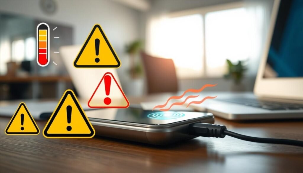A close-up view of various warning signs related to overheating, prominently displayed in the foreground. Include icons such as a thermometer with a red line, a caution triangle, and an exclamation mark. Each sign should have vivid colors like bright yellow, red, and orange to convey urgency. In the middle ground, depict an electronic device, such as a smartphone or laptop, with a charging port showing slight heat distortion, illustrated by wavy lines around it. The background should feature a softly blurred workspace with ambient lighting, creating a professional atmosphere. Use natural light coming from a nearby window, casting gentle shadows to enhance the mood. Aim for a clear and informative image, focusing on the importance of recognizing warning signs.