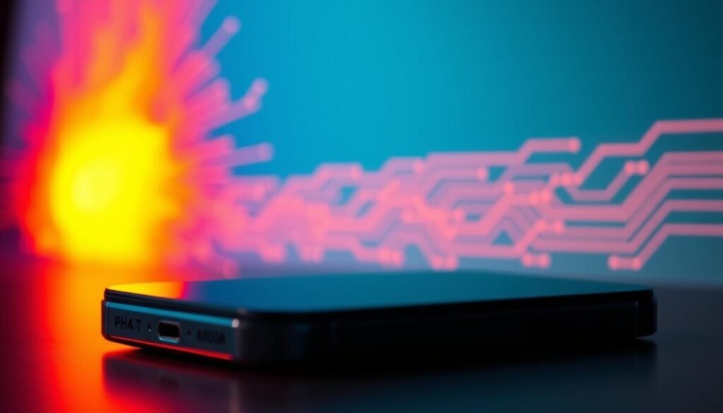 A close-up visualization of "software heat" emanating from a stylized iPhone 16, showcasing a vivid digital pattern of warm colors like orange, red, and yellow radiating outwards. In the foreground, the iPhone is slightly tilted to reveal its sleek design, illuminated by a soft glow. The middle ground features a gradient background that transitions from cool blue to warm tones, symbolizing the contrast between normal function and overheating. Subtle circuit-like patterns can be embedded within the warm colors for a techy feel. The lighting is dynamic, casting reflective highlights off the phone's surface. The atmosphere is both vibrant and intense, aiming to evoke urgency regarding technology management and device performance. A close-up visualization of "software heat" emanating from a stylized iPhone 16, showcasing a vivid digital pattern of warm colors like orange, red, and yellow radiating outwards. In the foreground, the iPhone is slightly tilted to reveal its sleek design, illuminated by a soft glow. The middle ground features a gradient background that transitions from cool blue to warm tones, symbolizing the contrast between normal function and overheating. Subtle circuit-like patterns can be embedded within the warm colors for a techy feel. The lighting is dynamic, casting reflective highlights off the phone's surface. The atmosphere is both vibrant and intense, aiming to evoke urgency regarding technology management and device performance.