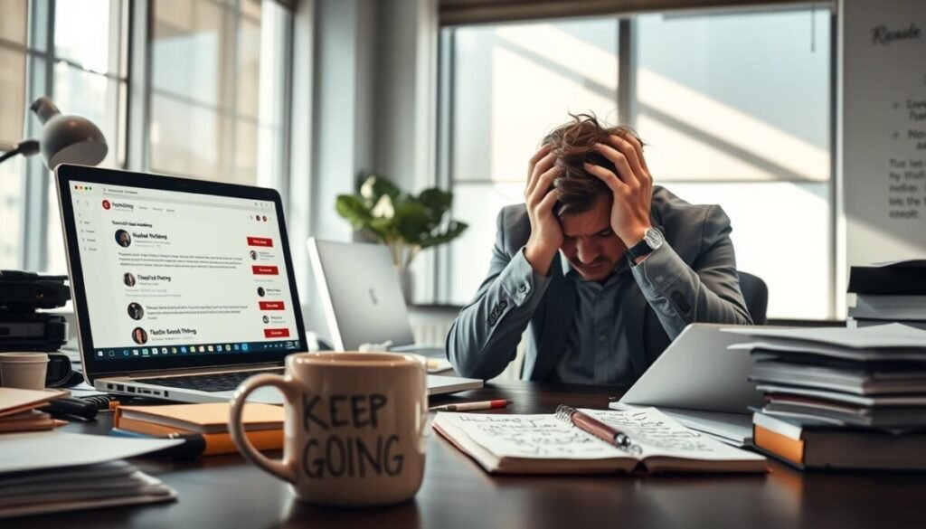 A cluttered desk scene in a modern office setting, dominated by a laptop displaying a webpage with negative customer reviews. In the foreground, a frustrated business professional in smart casual attire is seen gripping their head in despair, reflecting the stress of handling negative feedback. The middle ground shows a large coffee mug labeled "Keep Going" and a notepad filled with scribbled notes and strategies for responding to reviews. The background features a large window with soft natural light streaming in, creating a contrast between the dark mood of the desk and the bright outside world. The atmosphere conveys tension and the urgency of addressing customer concerns, urging proactive engagement and resolution. A cluttered desk scene in a modern office setting, dominated by a laptop displaying a webpage with negative customer reviews. In the foreground, a frustrated business professional in smart casual attire is seen gripping their head in despair, reflecting the stress of handling negative feedback. The middle ground shows a large coffee mug labeled "Keep Going" and a notepad filled with scribbled notes and strategies for responding to reviews. The background features a large window with soft natural light streaming in, creating a contrast between the dark mood of the desk and the bright outside world. The atmosphere conveys tension and the urgency of addressing customer concerns, urging proactive engagement and resolution.