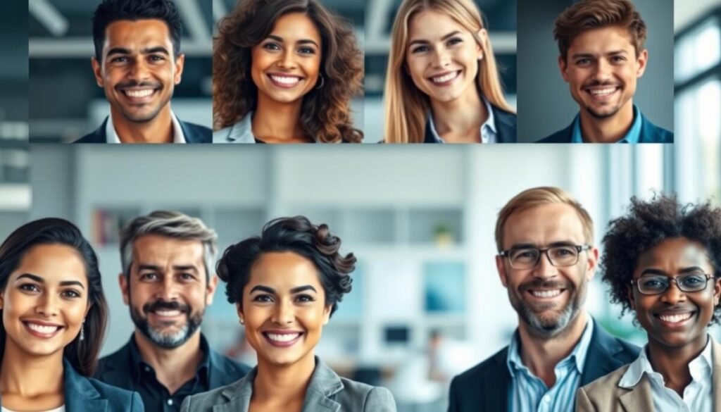 A collection of professional headshots featuring a diverse group of individuals, showcasing a harmonious team dynamic. In the foreground, clearly visible headshots of smiling men and women of various ethnicities, dressed in business attire such as blazers and collared shirts, radiating confidence. In the middle ground, a soft-focus background with a modern office setting, hinting at a collaborative workspace. The lighting is bright and even, simulating natural daylight that highlights each person's face, creating an inviting atmosphere. The angle captures the headshots straight-on, ensuring each individual stands out distinctly. The overall mood conveys professionalism and unity, ideal for illustrating the benefits of distributed teams in a modern work environment.