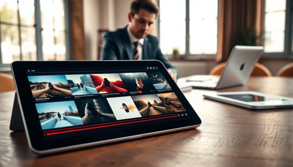 A collection of short video clips displayed on a sleek, modern digital interface. In the foreground, a tablet sits on a wooden table, showcasing vibrant, fast-paced snippets as thumbnails. The middle ground features a creative workspace, with a professional-looking individual in business attire, attentively reviewing the clips on the tablet, surrounded by notes and a laptop. In the background, a large window filters soft natural light, creating a bright and inviting atmosphere. The color palette is warm with a hint of modern tech, highlighting a blend of creativity and professionalism. The scene conveys a sense of innovation and focus on strategic content creation, perfect for a tech-savvy audience.