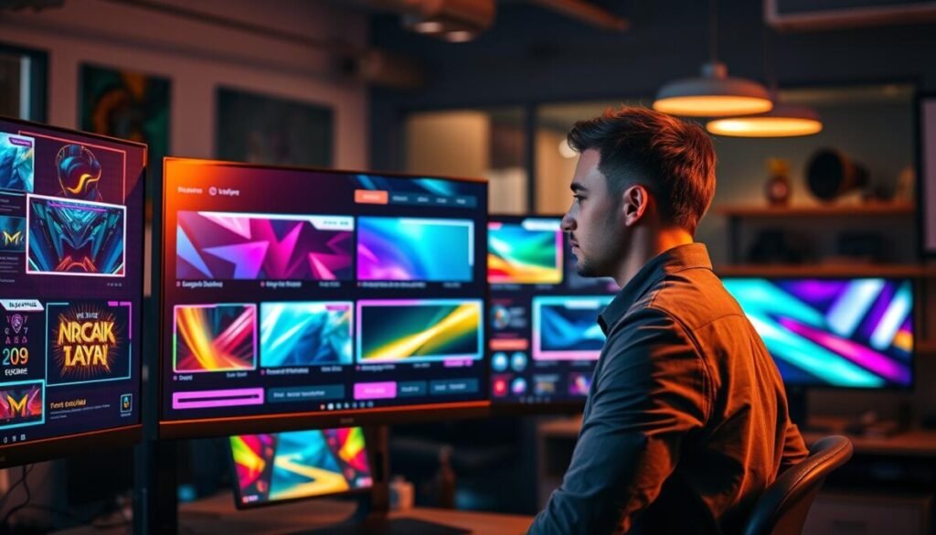 A collection of vibrant, dynamic stream overlays displayed on a sleek computer monitor in a modern workspace. The foreground showcases various overlay designs, featuring colorful borders, animated effects, and customizable layouts ideal for Twitch and YouTube. In the middle, a professional designer, dressed in a smart casual outfit, intently reviews these overlays on a high-resolution screen. The background is softly blurred, revealing a stylish office space with ambient lighting and tech accessories. The lighting is warm, enhancing the creative atmosphere, while the camera angle captures both the screen and the designer's focused expression. The overall mood is energetic and inspiring, highlighting creativity and professionalism in stream design.