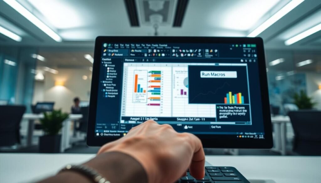 A computer screen displaying a vibrant Excel interface, illustrating the "Run Macros" shortcut prominently. In the foreground, a hand reaches towards the keyboard, fingers poised over the keys, suggesting active engagement. In the middle, the Excel window is open, showcasing a macro automation process in action with colorful charts and data being manipulated effortlessly. The background features a modern office setting with soft, diffused lighting, creating a professional and inspiring atmosphere. The scene is captured with a slight depth of field, emphasizing the Excel screen while softly blurring the office surroundings. The overall mood is focused and energetic, reflecting the excitement of automating tasks in Excel.