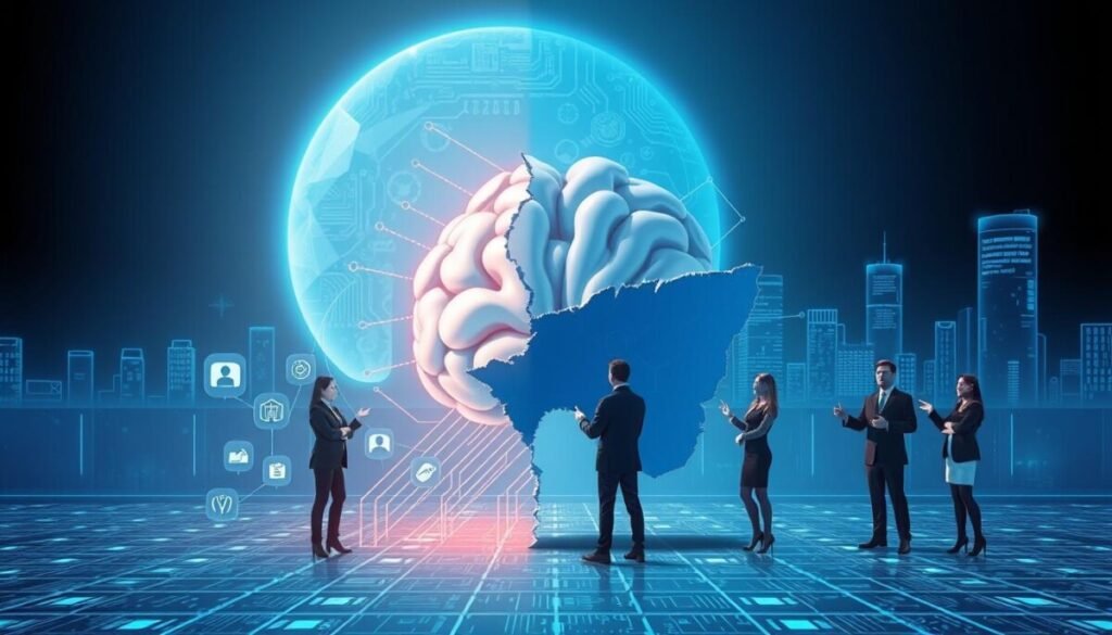A conceptual illustration of the challenges and limitations of AI models, set in a futuristic digital landscape. In the foreground, a stylized AI brain, made of interconnected circuits, is partially obscured by a large, jagged barrier representing obstacles. Surrounding the brain, small icons symbolize common challenges like data privacy, bias, and interpretability, blending seamlessly into the design. In the middle ground, a diverse group of figures in professional attire discuss the limitations, pointing towards the barriers. The background features a high-tech skyline with holographic elements, softly illuminated by a cool blue glow, creating a contemplative atmosphere. The lighting is balanced, highlighting the tension between innovation and constraint, capturing the essence of the challenges faced by AI technology. A conceptual illustration of the challenges and limitations of AI models, set in a futuristic digital landscape. In the foreground, a stylized AI brain, made of interconnected circuits, is partially obscured by a large, jagged barrier representing obstacles. Surrounding the brain, small icons symbolize common challenges like data privacy, bias, and interpretability, blending seamlessly into the design. In the middle ground, a diverse group of figures in professional attire discuss the limitations, pointing towards the barriers. The background features a high-tech skyline with holographic elements, softly illuminated by a cool blue glow, creating a contemplative atmosphere. The lighting is balanced, highlighting the tension between innovation and constraint, capturing the essence of the challenges faced by AI technology.