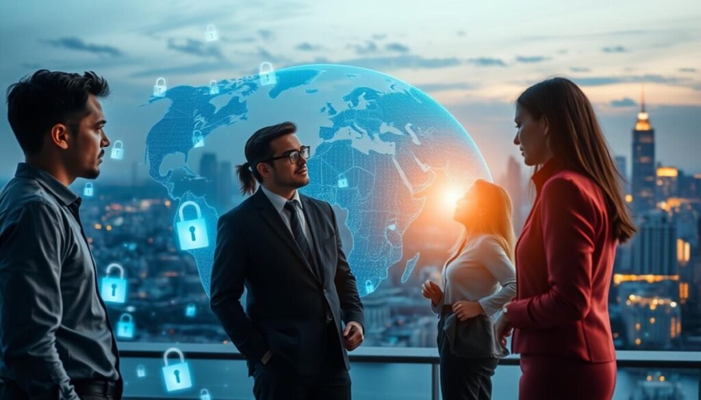 A conceptual representation of "Privacy Standards and Data Jurisdiction," featuring a split scene. In the foreground, a diverse group of three professionals in business attire, engaged in a deep discussion, surrounded by digital elements symbolizing data privacy, such as encrypted locks and shields. The middle layer should depict a large globe with data points connected by lines, illustrating global data jurisdiction with glowing overlays of various countries. In the background, a city skyline at dusk illuminated by soft, warm lights, creating a contrast with the cool blues of the data elements. The atmosphere is serious yet optimistic, with an inspiring vibe. Soft, diffused lighting highlights the professionals, emphasizing their collaboration amidst the complex digital landscape. The perspective is slightly above eye level, capturing both the group and the expansive backdrop. A conceptual representation of "Privacy Standards and Data Jurisdiction," featuring a split scene. In the foreground, a diverse group of three professionals in business attire, engaged in a deep discussion, surrounded by digital elements symbolizing data privacy, such as encrypted locks and shields. The middle layer should depict a large globe with data points connected by lines, illustrating global data jurisdiction with glowing overlays of various countries. In the background, a city skyline at dusk illuminated by soft, warm lights, creating a contrast with the cool blues of the data elements. The atmosphere is serious yet optimistic, with an inspiring vibe. Soft, diffused lighting highlights the professionals, emphasizing their collaboration amidst the complex digital landscape. The perspective is slightly above eye level, capturing both the group and the expansive backdrop.
