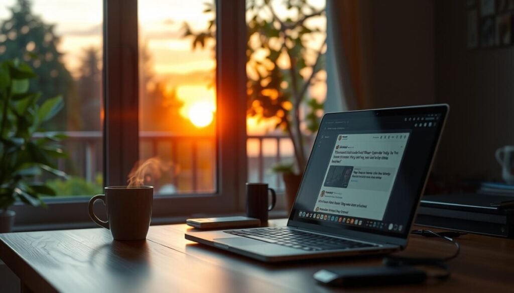 A cozy, inviting workspace during the golden hour, featuring a neatly arranged desk with a laptop displaying a Reddit post in the foreground. A steaming cup of coffee sits beside the laptop, and lush greenery can be seen through a large window. In the middle ground, a soft light spills into the room, casting warm hues on the wooden desk and creating a calm atmosphere. The background depicts a serene view of the setting sun outside, with vibrant oranges and pinks blending into the sky. The scene exudes a feeling of tranquility and productivity, ideal for engaging in online discussions. The lighting is soft and natural, enhancing the warmth of the space, captured from a slightly low angle to emphasize the inviting atmosphere. A cozy, inviting workspace during the golden hour, featuring a neatly arranged desk with a laptop displaying a Reddit post in the foreground. A steaming cup of coffee sits beside the laptop, and lush greenery can be seen through a large window. In the middle ground, a soft light spills into the room, casting warm hues on the wooden desk and creating a calm atmosphere. The background depicts a serene view of the setting sun outside, with vibrant oranges and pinks blending into the sky. The scene exudes a feeling of tranquility and productivity, ideal for engaging in online discussions. The lighting is soft and natural, enhancing the warmth of the space, captured from a slightly low angle to emphasize the inviting atmosphere.
