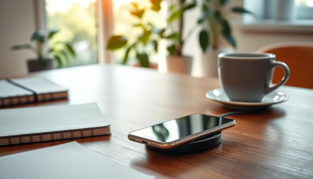 A cozy, modern workspace featuring a sleek wireless charger on a wooden desk, with a smartphone gently resting on it, displaying signs of heat with faint ripples of shimmer above the screen. In the foreground, a tidy notebook and a cup of coffee add to the atmosphere of a typical workday. The middle ground highlights a subtle glow emanating from the charger, emphasizing the concept of overheating. Background elements include soft-focus houseplants and natural light streaming through a large window, creating a warm and inviting mood. Use soft, diffused lighting to enhance the scene's warmth, capturing the essence of a common workspace while subtly hinting at concerns related to wireless charging. The angle should be slightly elevated to draw focus on the charger and the phone.