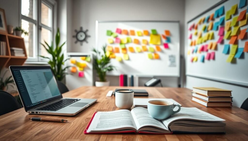 A cozy, modern workspace filled with neatly organized notes and colorful sticky notes on a whiteboard in the background. In the foreground, a sleek wooden desk is adorned with open notebooks, a laptop displaying a digital note-taking app interface, and a steaming cup of coffee. The middle ground features a soft natural light filtering through a large window, creating an inviting atmosphere. A potted plant adds a touch of greenery, while a few books on productivity and organization sit in the background. The overall mood is focused and inspiring, emphasizing the importance of effective notes management for long-term success, with a warm color palette of earthy tones and soft blues, all shot from a slight angle to create depth. A cozy, modern workspace filled with neatly organized notes and colorful sticky notes on a whiteboard in the background. In the foreground, a sleek wooden desk is adorned with open notebooks, a laptop displaying a digital note-taking app interface, and a steaming cup of coffee. The middle ground features a soft natural light filtering through a large window, creating an inviting atmosphere. A potted plant adds a touch of greenery, while a few books on productivity and organization sit in the background. The overall mood is focused and inspiring, emphasizing the importance of effective notes management for long-term success, with a warm color palette of earthy tones and soft blues, all shot from a slight angle to create depth.