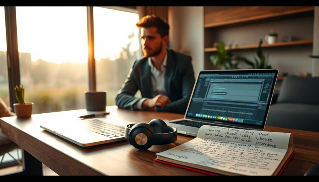 A cozy, modern workspace is depicted in the foreground, featuring a sleek desk with a laptop open to a music production software interface. A pair of headphones rests beside a notepad filled with handwritten song prompts and ideas, symbolizing creativity in action. In the middle ground, a thoughtful musician, dressed in smart casual attire, leans slightly towards the laptop, with a focused expression, capturing the essence of dedication to song crafting. Soft ambient lighting fills the room, casting warm tones that evoke inspiration and creativity. Large windows in the background reveal a serene nature scene, with gentle sunlight filtering through, enhancing the mood of tranquility and artistic exploration. The overall atmosphere conveys an inviting and productive environment for mastering the art of song prompting. A cozy, modern workspace is depicted in the foreground, featuring a sleek desk with a laptop open to a music production software interface. A pair of headphones rests beside a notepad filled with handwritten song prompts and ideas, symbolizing creativity in action. In the middle ground, a thoughtful musician, dressed in smart casual attire, leans slightly towards the laptop, with a focused expression, capturing the essence of dedication to song crafting. Soft ambient lighting fills the room, casting warm tones that evoke inspiration and creativity. Large windows in the background reveal a serene nature scene, with gentle sunlight filtering through, enhancing the mood of tranquility and artistic exploration. The overall atmosphere conveys an inviting and productive environment for mastering the art of song prompting.