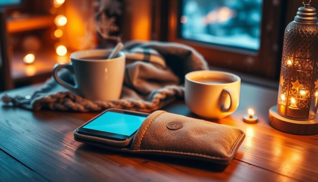 A cozy scene indoors featuring a sleek smartphone nestled inside a soft, insulated pouch on a wooden table, surrounded by warm, ambient lighting. In the foreground, the smartphone’s screen glows softly, showcasing a minimal design that suggests it is in use. In the middle, a steaming cup of hot cocoa sits nearby, with a knitted scarf draped casually over the table, hinting at winter. The background reveals a window with snow gently falling outside, casting a wintry atmosphere. The overall mood is warm and inviting, emphasizing the need to keep devices warm in cold weather, while the colors are rich and warm with a slight golden tint to enhance comfort and coziness.
