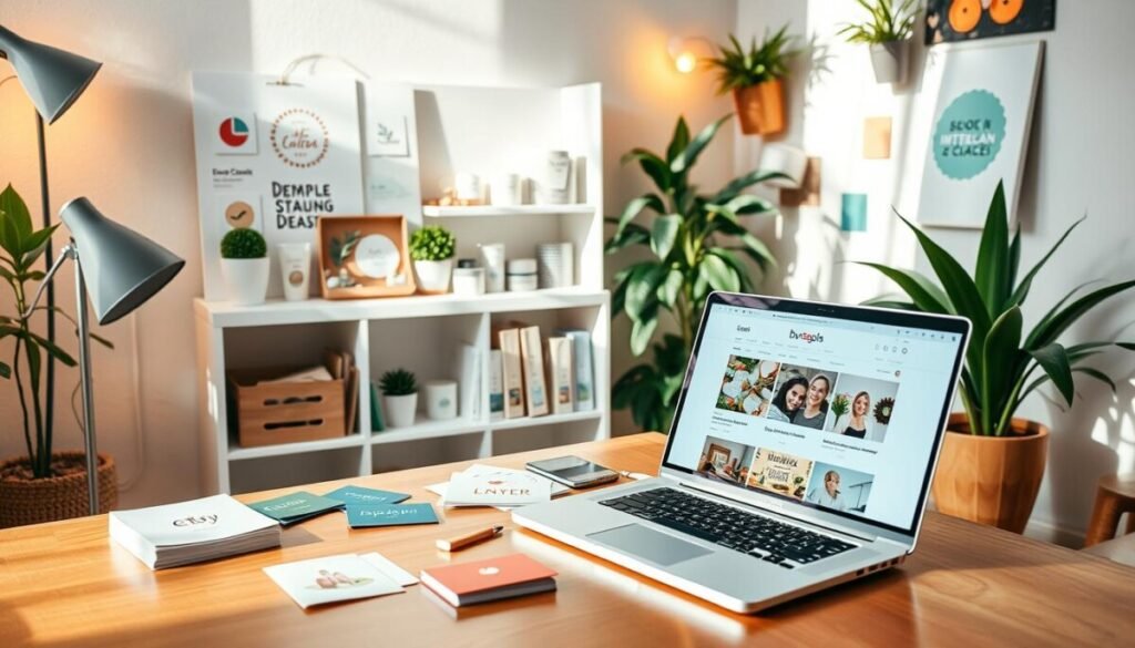 A cozy, stylish workspace that showcases the essence of "shop branding." In the foreground, a small wooden desk is adorned with an open laptop displaying an Etsy shop interface. Beside it, there are branding materials like colorful business cards and a mood board featuring logo designs and color palettes. The middle ground includes a white shelf filled with neatly organized products such as handmade crafts, candles, and eco-friendly packaging, all reflecting a cohesive brand identity. In the background, there are soft, warm ambient lights and potted plants that create an inviting atmosphere. The room has a modern aesthetic, complemented by natural sunlight streaming in through a window, casting gentle shadows and enhancing the creative vibe. The overall mood is inspiring and professional, ideal for entrepreneurs looking to establish their brand identity.