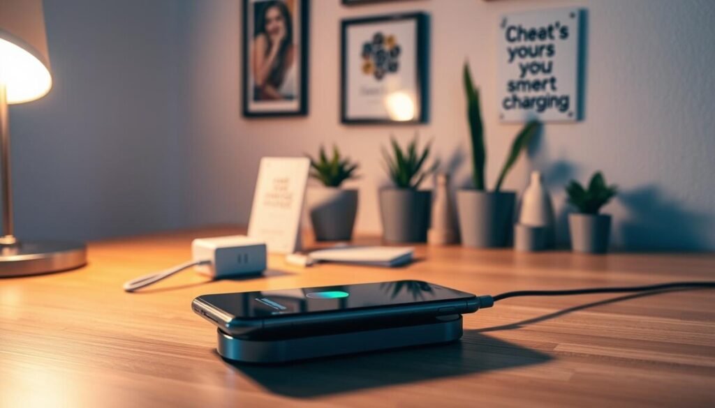 A cozy, well-lit charging station on a wooden desk in a home office. In the foreground, an iPhone sits on a modern, stylish wireless charger, its screen glowing to indicate charging. A soft, warm light emanates from a nearby lamp, casting gentle shadows that create an inviting atmosphere. In the middle, a few safety accessories like a surge protector and a user manual are neatly arranged, emphasizing safe charging practices. The background features a clear wall with a few framed pictures, plants, and a motivational quote, enhancing the sense of a productive, calm environment. The focus is sharp on the iPhone, while the rest of the scene has a soft blur, giving a harmonious and serene feel to the image. A cozy, well-lit charging station on a wooden desk in a home office. In the foreground, an iPhone sits on a modern, stylish wireless charger, its screen glowing to indicate charging. A soft, warm light emanates from a nearby lamp, casting gentle shadows that create an inviting atmosphere. In the middle, a few safety accessories like a surge protector and a user manual are neatly arranged, emphasizing safe charging practices. The background features a clear wall with a few framed pictures, plants, and a motivational quote, enhancing the sense of a productive, calm environment. The focus is sharp on the iPhone, while the rest of the scene has a soft blur, giving a harmonious and serene feel to the image.
