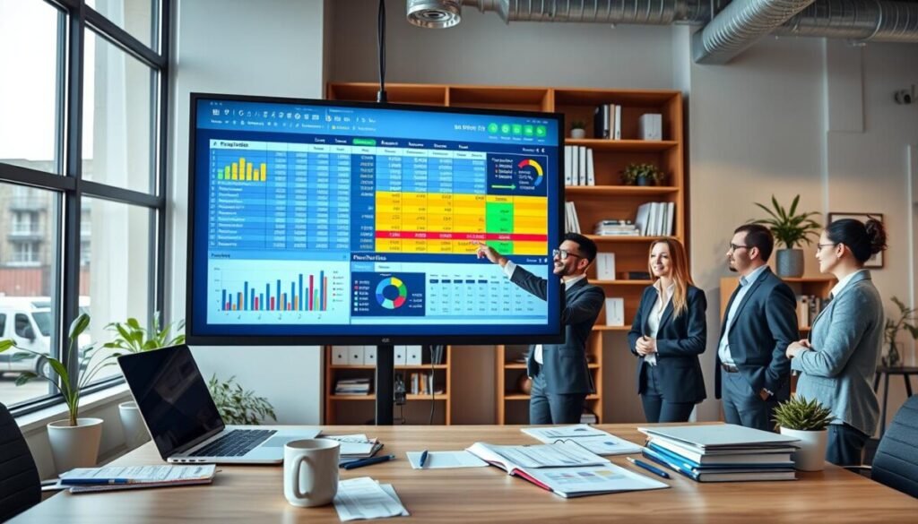 A creative and modern office setting showcasing a large screen displaying vibrant Excel PivotTables, highlighting various charts and summaries for insightful data representation. In the foreground, an organized desk with a laptop, business documents, and a coffee mug, suggesting a professional atmosphere. The middle layer features a team of diverse individuals in professional business attire, engaged in a discussion and pointing at the projected data on the screen. The background includes shelves with neatly arranged books and plants, adding a fresh touch. Soft, natural lighting comes from large windows, creating a bright and inviting mood. Capture this from a slightly elevated angle to provide a comprehensive overview of the workspace while maintaining focus on the screen and the team interaction. A creative and modern office setting showcasing a large screen displaying vibrant Excel PivotTables, highlighting various charts and summaries for insightful data representation. In the foreground, an organized desk with a laptop, business documents, and a coffee mug, suggesting a professional atmosphere. The middle layer features a team of diverse individuals in professional business attire, engaged in a discussion and pointing at the projected data on the screen. The background includes shelves with neatly arranged books and plants, adding a fresh touch. Soft, natural lighting comes from large windows, creating a bright and inviting mood. Capture this from a slightly elevated angle to provide a comprehensive overview of the workspace while maintaining focus on the screen and the team interaction.