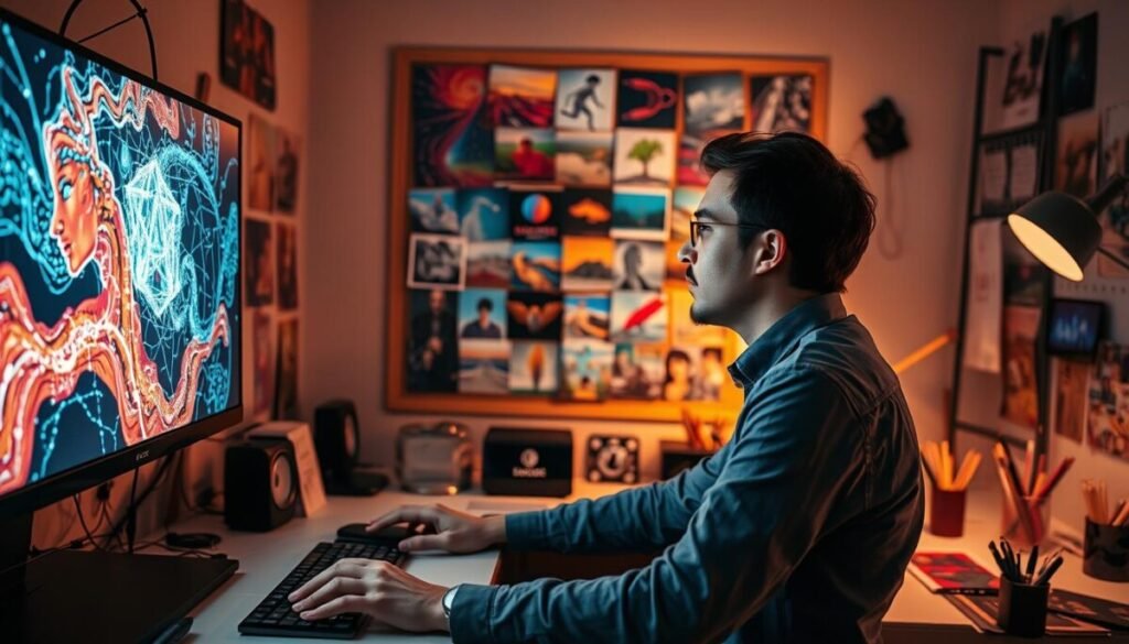 A creative workspace featuring a digital artist focused on their computer, generating stunning AI images. In the foreground, the artist, dressed in smart casual clothing, analyzes an intricate digital canvas glowing on their screen. The middle ground showcases a vibrant array of colorful artworks and AI-generated visuals pinned on a bulletin board, reflecting diverse styles. The background is softly illuminated by warm, ambient lighting, creating an inviting atmosphere, with various art supplies scattered around the desk. The camera angle captures a dynamic view, emphasizing the synergy of technology and creativity. The mood is inspiring and educational, conveying an atmosphere of exploration in the realm of prompt engineering and AI art creation. A creative workspace featuring a digital artist focused on their computer, generating stunning AI images. In the foreground, the artist, dressed in smart casual clothing, analyzes an intricate digital canvas glowing on their screen. The middle ground showcases a vibrant array of colorful artworks and AI-generated visuals pinned on a bulletin board, reflecting diverse styles. The background is softly illuminated by warm, ambient lighting, creating an inviting atmosphere, with various art supplies scattered around the desk. The camera angle captures a dynamic view, emphasizing the synergy of technology and creativity. The mood is inspiring and educational, conveying an atmosphere of exploration in the realm of prompt engineering and AI art creation.