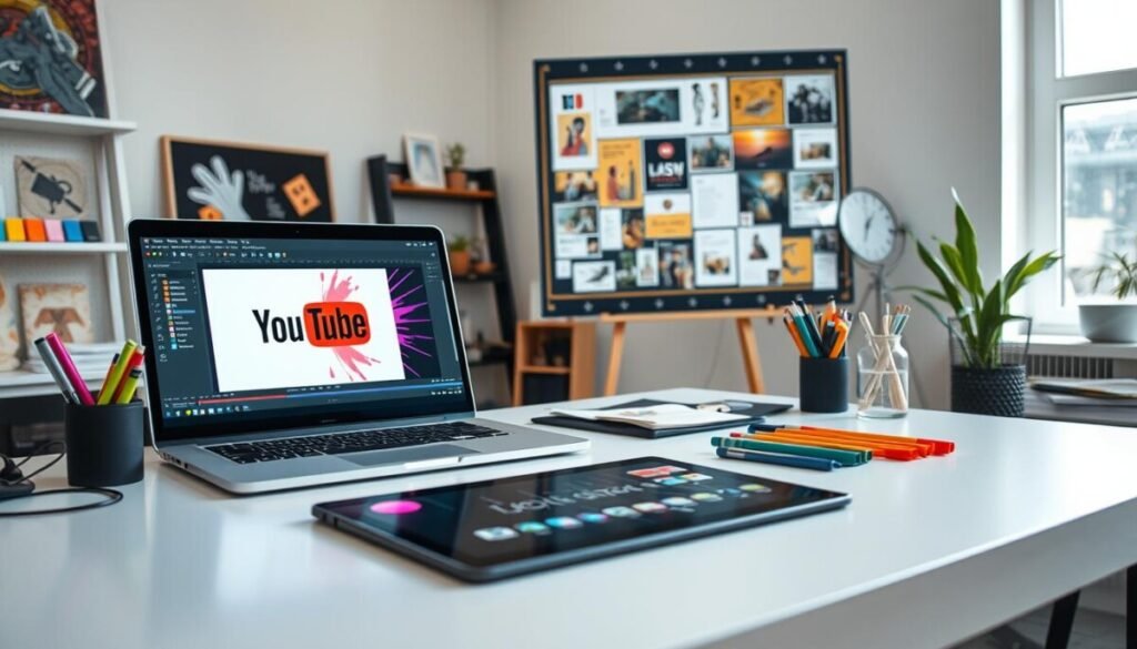 A creative workspace showcasing a manual YouTube thumbnail design in progress. In the foreground, a well-organized desk features an artist's tablet, colorful markers, and a laptop with design software open. A half-finished thumbnail design is visible on the screen, featuring bold colors, eye-catching graphics, and striking images. In the middle ground, a mood board with design inspirations and style samples hangs on the wall, surrounded by art supplies and paper layouts. The background features a bright, modern room with natural light streaming through a window, creating an inviting atmosphere for creativity. The scene captures a sense of innovation and artistic expression, emphasizing the manual design process and creative control of thumbnail creation.