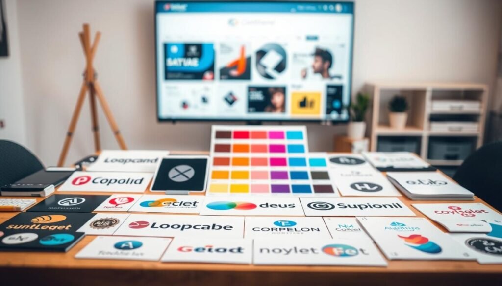 A creative workspace table filled with vibrant logos and stylish color palettes, showcasing a variety of designs. In the foreground, a selection of logos arranged in neat clusters, representing different brands, with bold typography and sleek shapes. In the middle, several color palette swatches displayed elegantly, with harmonious color combinations and gradients, inviting creativity and inspiration. The background features a blurred canvas or digital screen displaying design elements, subtly hinting at a professional design environment. Soft, natural lighting illuminates the scene, creating a warm and inviting atmosphere, while a shallow depth of field highlights the logos and palettes. The overall composition exudes a sense of professionalism and creativity, perfect for illustrating branding concepts. A creative workspace table filled with vibrant logos and stylish color palettes, showcasing a variety of designs. In the foreground, a selection of logos arranged in neat clusters, representing different brands, with bold typography and sleek shapes. In the middle, several color palette swatches displayed elegantly, with harmonious color combinations and gradients, inviting creativity and inspiration. The background features a blurred canvas or digital screen displaying design elements, subtly hinting at a professional design environment. Soft, natural lighting illuminates the scene, creating a warm and inviting atmosphere, while a shallow depth of field highlights the logos and palettes. The overall composition exudes a sense of professionalism and creativity, perfect for illustrating branding concepts.