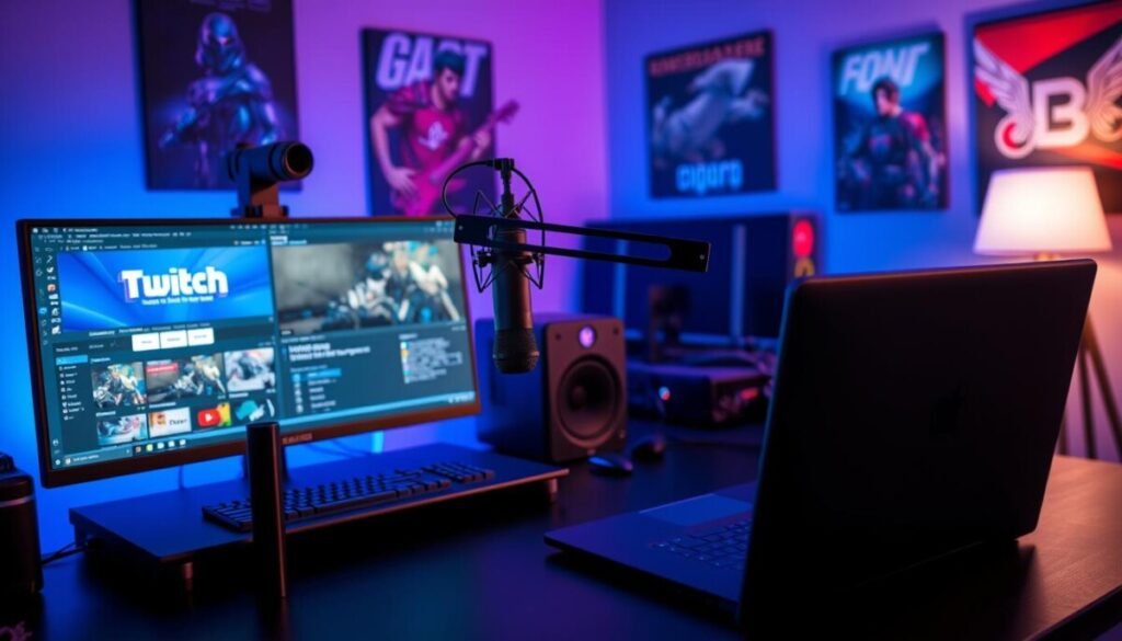 A detailed OBS multistream setup for streaming to Twitch and YouTube simultaneously, showcased in a modern workspace. In the foreground, a sleek gaming desk adorned with a high-end gaming laptop and dual monitors displaying streaming software interfaces, one showing Twitch and the other YouTube. The middle ground features a professional microphone on an adjustable boom arm and a compact webcam mounted on top of the left monitor, capturing a vibrant and well-lit gaming environment. In the background, soft ambient lighting in blue and purple tones creates a dynamic atmosphere, with gaming posters accentuating the walls. The overall mood is energetic and focused, emphasizing a cutting-edge streaming experience, captured from a slightly elevated angle to enhance the depth and complexity of the setup. A detailed OBS multistream setup for streaming to Twitch and YouTube simultaneously, showcased in a modern workspace. In the foreground, a sleek gaming desk adorned with a high-end gaming laptop and dual monitors displaying streaming software interfaces, one showing Twitch and the other YouTube. The middle ground features a professional microphone on an adjustable boom arm and a compact webcam mounted on top of the left monitor, capturing a vibrant and well-lit gaming environment. In the background, soft ambient lighting in blue and purple tones creates a dynamic atmosphere, with gaming posters accentuating the walls. The overall mood is energetic and focused, emphasizing a cutting-edge streaming experience, captured from a slightly elevated angle to enhance the depth and complexity of the setup.
