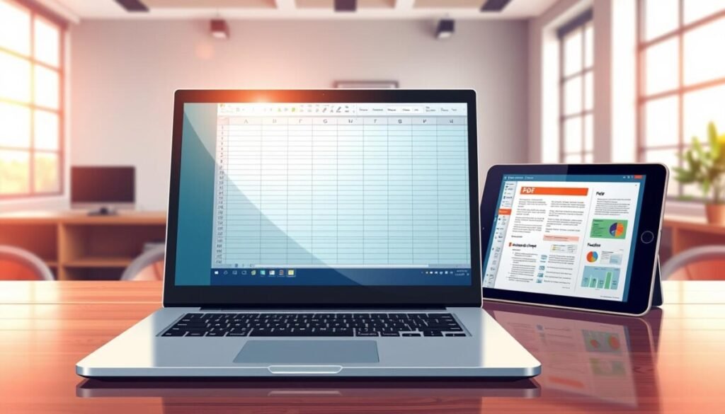 A detailed and vibrant illustration showcasing a computer screen displaying a seamless PDF to Excel conversion. In the foreground, a professional laptop with an open Excel spreadsheet featuring neatly formatted data, with rows and columns aligning perfectly. Beside it, a PDF document displayed on a tablet, with visible graphical elements like charts and tables. In the middle, a soft but focused light casts gentle reflections on the screens, evoking a sense of clarity and efficiency. The background features a modern, minimalist office environment with a large window allowing warm natural light to flood in, enhancing a productive atmosphere. The overall mood is one of inspiration and organization, highlighting the ease of converting PDF content into an Excel format without losing its original structure. No text or logos are present in the image. A detailed and vibrant illustration showcasing a computer screen displaying a seamless PDF to Excel conversion. In the foreground, a professional laptop with an open Excel spreadsheet featuring neatly formatted data, with rows and columns aligning perfectly. Beside it, a PDF document displayed on a tablet, with visible graphical elements like charts and tables. In the middle, a soft but focused light casts gentle reflections on the screens, evoking a sense of clarity and efficiency. The background features a modern, minimalist office environment with a large window allowing warm natural light to flood in, enhancing a productive atmosphere. The overall mood is one of inspiration and organization, highlighting the ease of converting PDF content into an Excel format without losing its original structure. No text or logos are present in the image.
