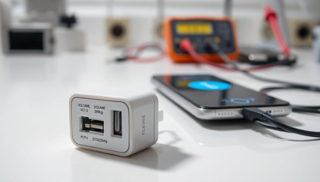 A detailed close-up of a smartphone charger on a clean, white lab table, emphasizing its port and plug design. In the foreground, focus on the charger’s label with specifications like voltage and amperage clearly visible, casting soft shadows. In the middle ground, show a smartphone connected to the charger with a glowing indicator light on the phone, illustrating charging in progress. The background should feature muted, blurred laboratory equipment, such as a multimeter and test leads, suggesting an environment where electrical performance is being evaluated. The lighting is bright and clinical, creating a focused atmosphere that conveys precision and professionalism. A detailed close-up of a smartphone charger on a clean, white lab table, emphasizing its port and plug design. In the foreground, focus on the charger’s label with specifications like voltage and amperage clearly visible, casting soft shadows. In the middle ground, show a smartphone connected to the charger with a glowing indicator light on the phone, illustrating charging in progress. The background should feature muted, blurred laboratory equipment, such as a multimeter and test leads, suggesting an environment where electrical performance is being evaluated. The lighting is bright and clinical, creating a focused atmosphere that conveys precision and professionalism.