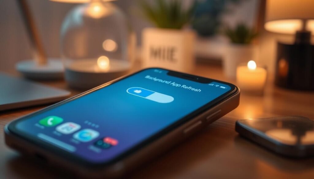 A detailed close-up of an iPhone screen displaying the "Background App Refresh" setting, with a soft focus on the surrounding device and other app icons in the background. The screen shows a toggle switch in the 'off' position, illuminated with a gentle blue light to signify the option is inactive. The warm and inviting glow of a nearby lamp casts a subtle light, highlighting the sleek design of the iPhone. The background features a blurred, cozy home office setting, with a wooden desk and a few modern decor items, creating a calm and professional atmosphere. The overall mood is informative and soothing, emphasizing a tech-savvy environment. A detailed close-up of an iPhone screen displaying the "Background App Refresh" setting, with a soft focus on the surrounding device and other app icons in the background. The screen shows a toggle switch in the 'off' position, illuminated with a gentle blue light to signify the option is inactive. The warm and inviting glow of a nearby lamp casts a subtle light, highlighting the sleek design of the iPhone. The background features a blurred, cozy home office setting, with a wooden desk and a few modern decor items, creating a calm and professional atmosphere. The overall mood is informative and soothing, emphasizing a tech-savvy environment.