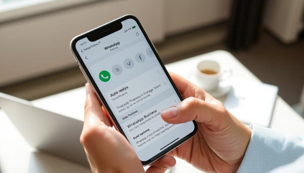 A detailed close-up view of a smartphone screen displaying the WhatsApp Business app interface, specifically highlighting the settings menu for auto-replies. The foreground features a sleek, modern smartphone held in a professional business person's hand, dressed in smart casual attire. The middle layer shows the WhatsApp Business interface clearly, including icons for notifications and auto-reply settings. The background consists of a tidy office environment with a soft-focus view of a desk featuring a laptop and coffee cup, illuminated by natural daylight filtering through a window. The overall mood should evoke a sense of professionalism and efficiency, illustrating the practical use of the app in a business context. A detailed close-up view of a smartphone screen displaying the WhatsApp Business app interface, specifically highlighting the settings menu for auto-replies. The foreground features a sleek, modern smartphone held in a professional business person's hand, dressed in smart casual attire. The middle layer shows the WhatsApp Business interface clearly, including icons for notifications and auto-reply settings. The background consists of a tidy office environment with a soft-focus view of a desk featuring a laptop and coffee cup, illuminated by natural daylight filtering through a window. The overall mood should evoke a sense of professionalism and efficiency, illustrating the practical use of the app in a business context.