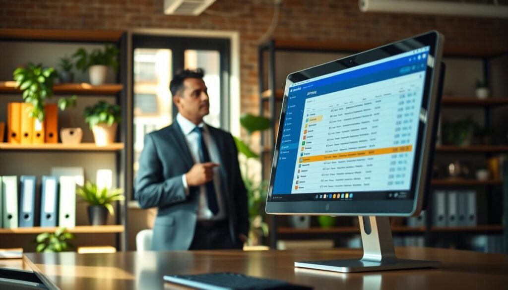 A detailed depiction of a modern office environment featuring an Airtable interface prominently displayed on a sleek computer screen in the foreground. The screen showcases colorful tables and interconnected records, illustrating the relational database functionality. In the middle ground, a professional individual in smart business attire is engaged in thoughtful analysis, pointing towards the screen. The background includes shelves lined with project folders and plants, creating a vibrant workspace atmosphere. Soft, natural light streams in through a window, casting delicate shadows and enhancing the lively mood. Use a shallow depth of field to focus on the Airtable interface while softly blurring the background, conveying a sense of concentration and innovation. A detailed depiction of a modern office environment featuring an Airtable interface prominently displayed on a sleek computer screen in the foreground. The screen showcases colorful tables and interconnected records, illustrating the relational database functionality. In the middle ground, a professional individual in smart business attire is engaged in thoughtful analysis, pointing towards the screen. The background includes shelves lined with project folders and plants, creating a vibrant workspace atmosphere. Soft, natural light streams in through a window, casting delicate shadows and enhancing the lively mood. Use a shallow depth of field to focus on the Airtable interface while softly blurring the background, conveying a sense of concentration and innovation.
