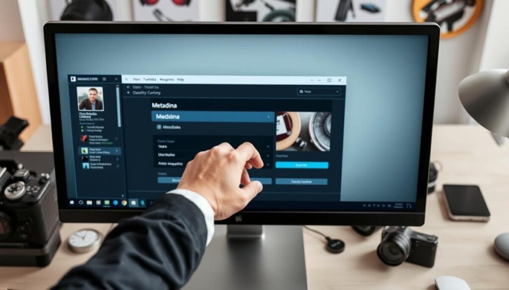 A detailed digital workspace showcasing the process of stripping metadata from an image file. In the foreground, a professional computer with a high-resolution monitor displays an image editing software interface, highlighting the metadata section. The middle layer features a pair of hands (in business attire) operating the mouse, emphasizing a meticulous approach to quality control. The background consists of a well-organized desk with various photography tools, including a camera and an external hard drive. Soft, natural lighting illuminates the scene, providing a clear focus on the technical aspects of file management, while creating a calm and professional atmosphere. The overall mood reflects precision and expertise in image optimization techniques.