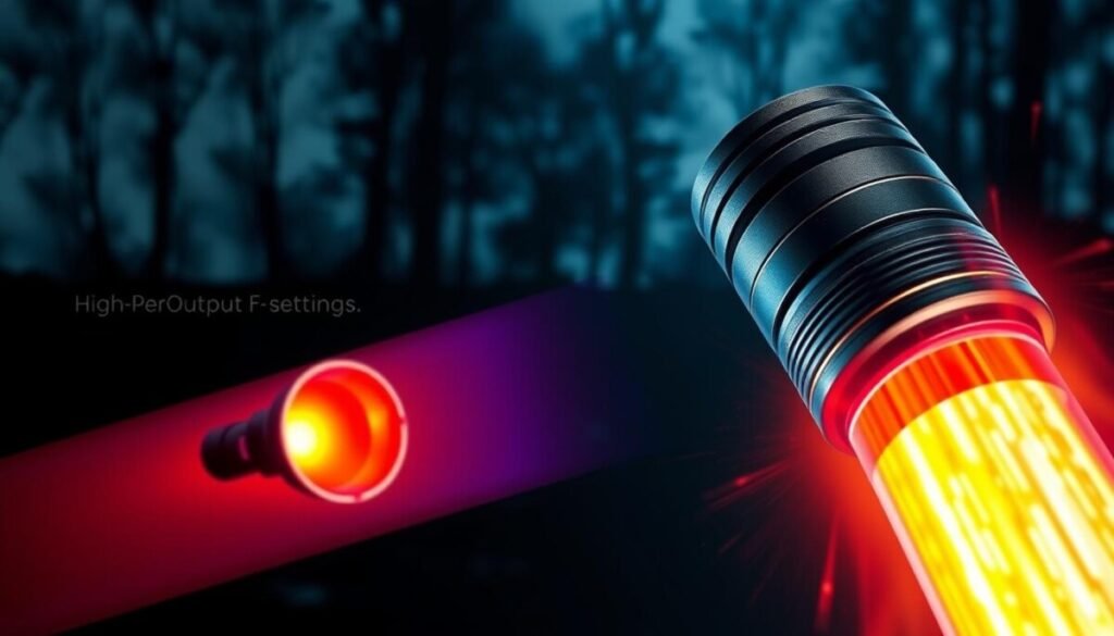 A detailed illustration depicting the impact of high output settings on thermal management in flashlights. In the foreground, showcase a close-up view of a high-performance flashlight with visible heat waves radiating from its body, emphasizing the heat build-up. The middle ground should display a thermal imaging camera capturing vibrant color gradients indicating varying temperatures, with red and orange hues representing the hottest areas. In the background, include a dark, blurred setting of an outdoor environment, perhaps a night scene with faint silhouettes of trees. The lighting should be dramatic, with the flashlight casting a bright, illuminating beam contrasting against the dark background. The atmosphere should be tense and energetic, highlighting the urgency of managing heat in high-output devices. A detailed illustration depicting the impact of high output settings on thermal management in flashlights. In the foreground, showcase a close-up view of a high-performance flashlight with visible heat waves radiating from its body, emphasizing the heat build-up. The middle ground should display a thermal imaging camera capturing vibrant color gradients indicating varying temperatures, with red and orange hues representing the hottest areas. In the background, include a dark, blurred setting of an outdoor environment, perhaps a night scene with faint silhouettes of trees. The lighting should be dramatic, with the flashlight casting a bright, illuminating beam contrasting against the dark background. The atmosphere should be tense and energetic, highlighting the urgency of managing heat in high-output devices.