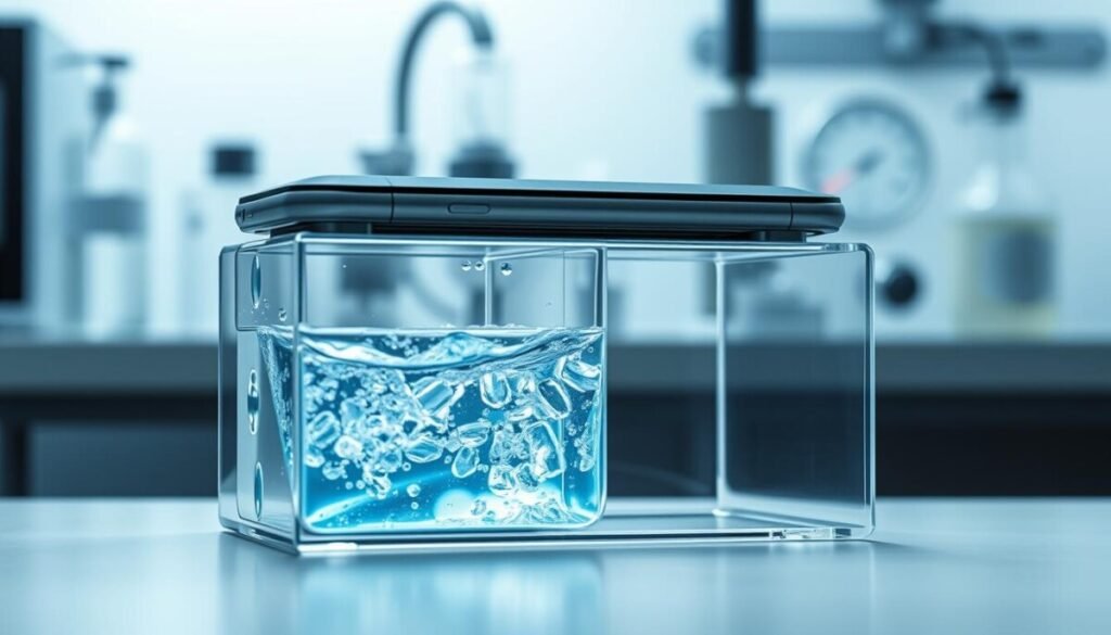 A detailed illustration of a vapor chamber cooling system, prominently featuring deionized water as the medium for thermal regulation. In the foreground, a transparent vapor chamber showcases the fluid dynamics, with glistening deionized water reflecting light. The middle layer includes a sleek, modern smartphone integrated into the cooling system, emphasizing the technology's compact design. The background reveals a soft-focused laboratory setting with scientific equipment and gauges, adding context to the thermal regulation process. Utilize soft, cool lighting to create a calm and professional atmosphere, highlighting the water's clarity and the intricate details of the cooling mechanism. Capture the scene from a slightly elevated angle to emphasize depth and elegance in the technology. A detailed illustration of a vapor chamber cooling system, prominently featuring deionized water as the medium for thermal regulation. In the foreground, a transparent vapor chamber showcases the fluid dynamics, with glistening deionized water reflecting light. The middle layer includes a sleek, modern smartphone integrated into the cooling system, emphasizing the technology's compact design. The background reveals a soft-focused laboratory setting with scientific equipment and gauges, adding context to the thermal regulation process. Utilize soft, cool lighting to create a calm and professional atmosphere, highlighting the water's clarity and the intricate details of the cooling mechanism. Capture the scene from a slightly elevated angle to emphasize depth and elegance in the technology.