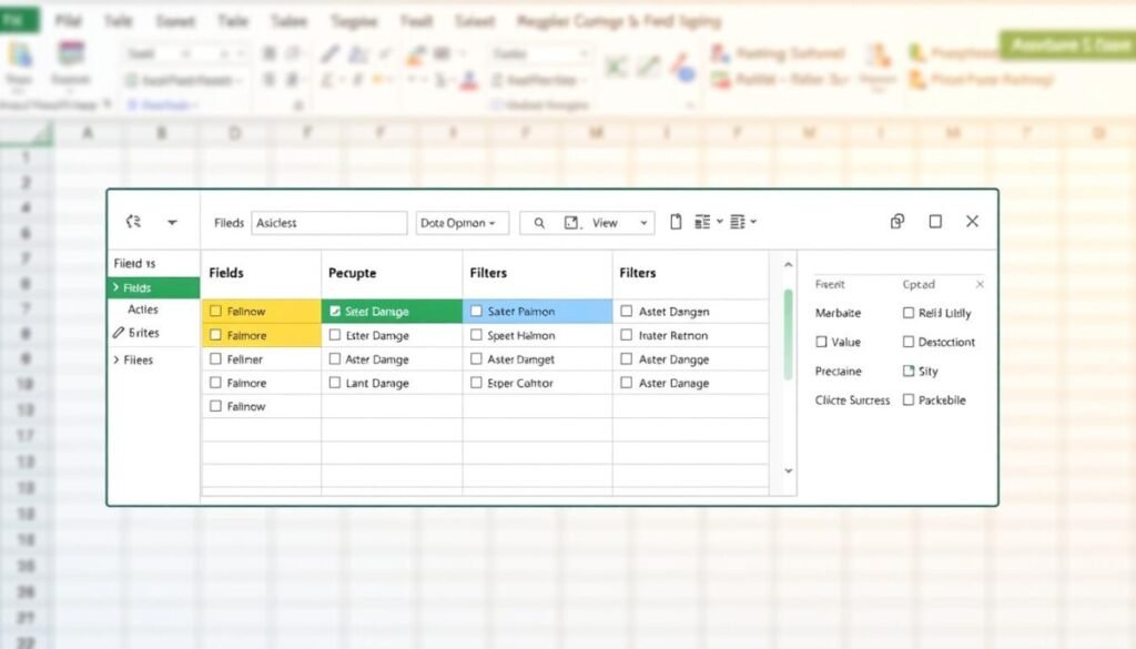 A detailed illustration of an Excel PivotTable Fields Pane displayed prominently in the foreground, featuring distinct sections divided into "Fields," "Values," and "Filters." Each section should be clearly labeled with visual elements, like dropdown menus and checkboxes, to enhance clarity. The middle ground includes a blurred view of an Excel spreadsheet background, hinting at data structure and organization without distractions. Soft, warm lighting creates a professional and inviting atmosphere, while a top-down angle gives a clear view of the PivotTable interface. The overall mood should be informative and approachable, ideal for beginners learning to navigate Excel's features. No captions or overlays should be present, ensuring a clean and focused design. A detailed illustration of an Excel PivotTable Fields Pane displayed prominently in the foreground, featuring distinct sections divided into "Fields," "Values," and "Filters." Each section should be clearly labeled with visual elements, like dropdown menus and checkboxes, to enhance clarity. The middle ground includes a blurred view of an Excel spreadsheet background, hinting at data structure and organization without distractions. Soft, warm lighting creates a professional and inviting atmosphere, while a top-down angle gives a clear view of the PivotTable interface. The overall mood should be informative and approachable, ideal for beginners learning to navigate Excel's features. No captions or overlays should be present, ensuring a clean and focused design.