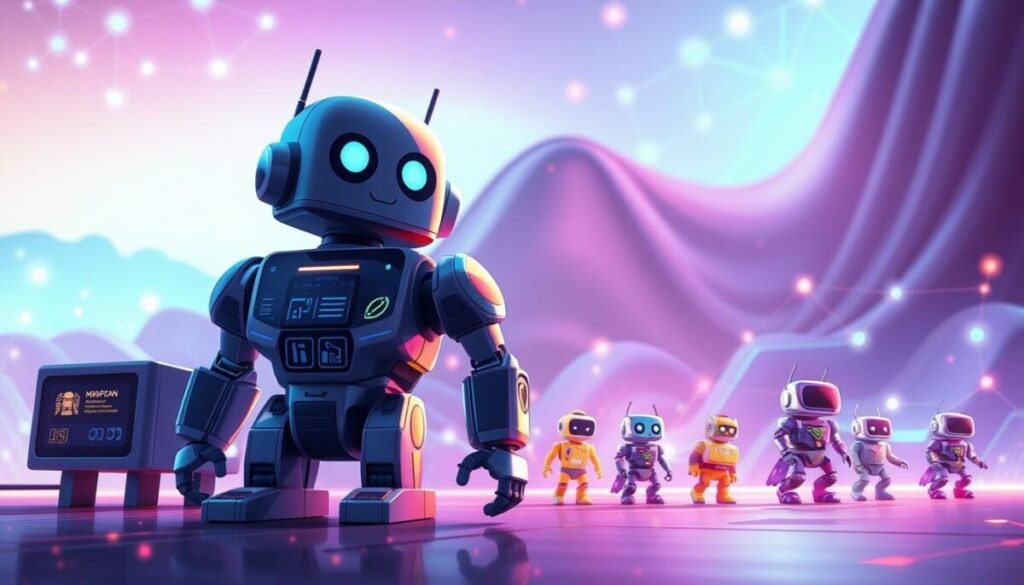 A detailed illustration showcasing the evolution of Discord bots from multi-purpose functionalities to specialized designs. In the foreground, envision a sleek, futuristic multi-purpose bot with digital interfaces, surrounded by smaller, vibrant specialized bots, each representing different functionalities like moderation, music, and community engagement. In the middle ground, depict a smooth gradient transition blending the two types of bots, symbolizing their evolution. The background should feature a stylized digital landscape with abstract node connections and vibrant colors, illuminated by soft, ambient lighting to evoke a sense of innovation and community. Employ a low-angle perspective to enhance the grandeur of the bots, creating a dynamic and inspiring atmosphere that reflects progress and specialization in the digital space. A detailed illustration showcasing the evolution of Discord bots from multi-purpose functionalities to specialized designs. In the foreground, envision a sleek, futuristic multi-purpose bot with digital interfaces, surrounded by smaller, vibrant specialized bots, each representing different functionalities like moderation, music, and community engagement. In the middle ground, depict a smooth gradient transition blending the two types of bots, symbolizing their evolution. The background should feature a stylized digital landscape with abstract node connections and vibrant colors, illuminated by soft, ambient lighting to evoke a sense of innovation and community. Employ a low-angle perspective to enhance the grandeur of the bots, creating a dynamic and inspiring atmosphere that reflects progress and specialization in the digital space.