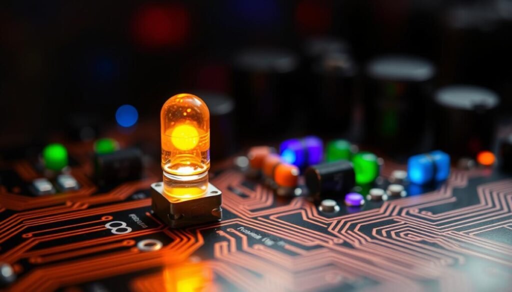 A detailed view of an LED circuit board, featuring intricate copper traces and multiple small, vibrant LEDs in various colors. In the foreground, focus on a single LED with a warm glow, emphasizing its illumination in a darkened environment. The middle ground highlights an arrangement of resistors and capacitors, showcasing their role in power management. The background should be a subtle blur of shadows, creating an atmosphere of technical sophistication. Use soft, focused lighting to accentuate the components and bring out the textures of the circuit board. Capture the image at a slightly angled view to enhance depth, making it visually engaging while maintaining a clean, professional aesthetic. A detailed view of an LED circuit board, featuring intricate copper traces and multiple small, vibrant LEDs in various colors. In the foreground, focus on a single LED with a warm glow, emphasizing its illumination in a darkened environment. The middle ground highlights an arrangement of resistors and capacitors, showcasing their role in power management. The background should be a subtle blur of shadows, creating an atmosphere of technical sophistication. Use soft, focused lighting to accentuate the components and bring out the textures of the circuit board. Capture the image at a slightly angled view to enhance depth, making it visually engaging while maintaining a clean, professional aesthetic.