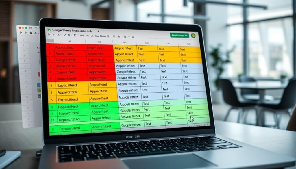 A detailed visualization of Google Sheets' conditional formatting rules focusing on text-based criteria. In the foreground, display a digital workspace with an open Google Sheets tab featuring cells highlighted in vibrant colors, showcasing various text entries like "Approved," "Pending," and "Rejected," each color-coded accordingly. The middle layer includes a sleek laptop with visible data analytics graphics and a cursor hovering over the formatting toolbar icon. In the background, a blurred office setting reveals a modern, well-lit environment, with natural light streaming through large windows and minimalistic decor. The mood is professional and focused, emphasizing clarity and organization in data management. Capture the image with a slight top-down angle, ensuring a clean and polished presentation without any text overlays or distractions. A detailed visualization of Google Sheets' conditional formatting rules focusing on text-based criteria. In the foreground, display a digital workspace with an open Google Sheets tab featuring cells highlighted in vibrant colors, showcasing various text entries like "Approved," "Pending," and "Rejected," each color-coded accordingly. The middle layer includes a sleek laptop with visible data analytics graphics and a cursor hovering over the formatting toolbar icon. In the background, a blurred office setting reveals a modern, well-lit environment, with natural light streaming through large windows and minimalistic decor. The mood is professional and focused, emphasizing clarity and organization in data management. Capture the image with a slight top-down angle, ensuring a clean and polished presentation without any text overlays or distractions.