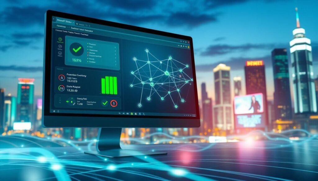 A detailed visualization of network status, depicting a digital landscape. In the foreground, a high-tech computer monitor displays a graphical user interface with vibrant visual indicators, showcasing green check marks for stable connectivity and red alerts for issues. The middle ground features a network diagram with interconnected nodes and lines, illustrating data flow in a dynamic, interactive style. The background consists of a stylized cityscape at dusk, with glowing skyscrapers and digital billboards, suggesting advanced technology. Use soft blue and green lighting to create a calm, stable atmosphere while adding subtle highlights that emphasize the importance of connectivity. The scene should feel professional and analytical, avoiding clutter, and ensuring clarity in the visual message. A detailed visualization of network status, depicting a digital landscape. In the foreground, a high-tech computer monitor displays a graphical user interface with vibrant visual indicators, showcasing green check marks for stable connectivity and red alerts for issues. The middle ground features a network diagram with interconnected nodes and lines, illustrating data flow in a dynamic, interactive style. The background consists of a stylized cityscape at dusk, with glowing skyscrapers and digital billboards, suggesting advanced technology. Use soft blue and green lighting to create a calm, stable atmosphere while adding subtle highlights that emphasize the importance of connectivity. The scene should feel professional and analytical, avoiding clutter, and ensuring clarity in the visual message.