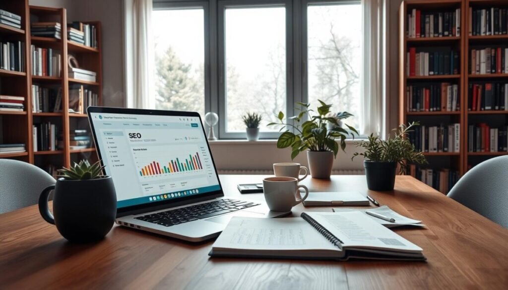 A detailed workspace scene featuring a modern office desk where a professional is preparing to migrate a website from Wix to WordPress. In the foreground, a sleek laptop displays a WordPress dashboard, with colorful graphs showing SEO metrics. Nearby, a notepad is filled with checklists for migration steps. In the middle, a large window allows natural light to flood the room, enhancing a sense of productivity. Potted plants add a touch of greenery, while a coffee cup steams gently beside the laptop. In the background, bookshelves filled with web development and SEO books create an academic vibe. The atmosphere is focused and inspiring, evoking a sense of readiness and professionalism. A detailed workspace scene featuring a modern office desk where a professional is preparing to migrate a website from Wix to WordPress. In the foreground, a sleek laptop displays a WordPress dashboard, with colorful graphs showing SEO metrics. Nearby, a notepad is filled with checklists for migration steps. In the middle, a large window allows natural light to flood the room, enhancing a sense of productivity. Potted plants add a touch of greenery, while a coffee cup steams gently beside the laptop. In the background, bookshelves filled with web development and SEO books create an academic vibe. The atmosphere is focused and inspiring, evoking a sense of readiness and professionalism.