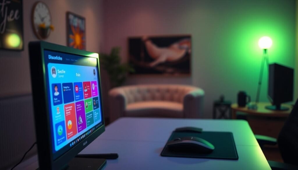 A digital artwork showcasing a vibrant, colorful Discord role server interface. In the foreground, depict a detailed computer screen displaying various user roles in distinctive colors such as bright blue, deep purple, and energetic green, arranged in a visually appealing grid format. The middle layer should feature a sleek modern desk with a stylish keyboard and mouse, hinting at a productive gaming or community management setup. In the background, subtly include a cozy, dimly lit room with soft ambient lighting, enhancing the tech-savvy atmosphere. The scene should evoke a sense of community and organization, blending a high-tech feel with a welcoming, user-friendly environment. Focus on clear details and ensure a harmonious composition that captures the essence of role definitions and their visual impact. A digital artwork showcasing a vibrant, colorful Discord role server interface. In the foreground, depict a detailed computer screen displaying various user roles in distinctive colors such as bright blue, deep purple, and energetic green, arranged in a visually appealing grid format. The middle layer should feature a sleek modern desk with a stylish keyboard and mouse, hinting at a productive gaming or community management setup. In the background, subtly include a cozy, dimly lit room with soft ambient lighting, enhancing the tech-savvy atmosphere. The scene should evoke a sense of community and organization, blending a high-tech feel with a welcoming, user-friendly environment. Focus on clear details and ensure a harmonious composition that captures the essence of role definitions and their visual impact.